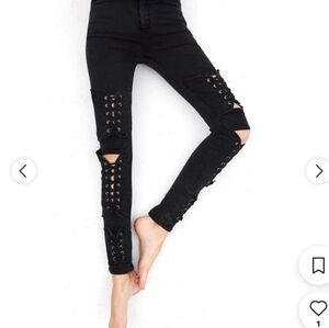 Black Lace Up Cut Out Skinny Jeans Denim Size 25 Small